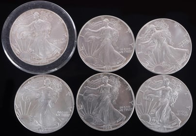 ASSORTED FINE SILVER EAGLE 1 OZ BULLION COINAGE(6)