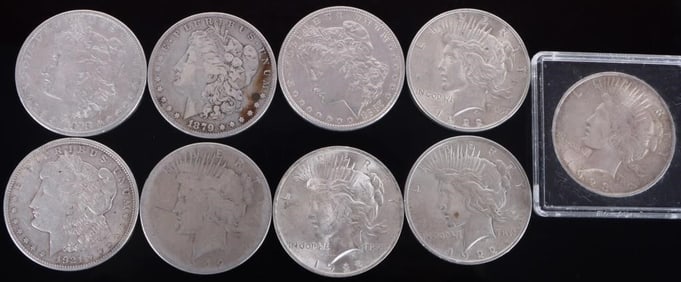 ASSORTED 90% SILVER MORGAN/ PEACE DOLLARS - (9)