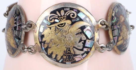 MEXICAN STERLING MOSAIC AZTEC STYLE BRACELET