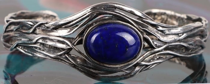 STERLING ISRAELI CABOCHON LAPIS CUFF BRACELET