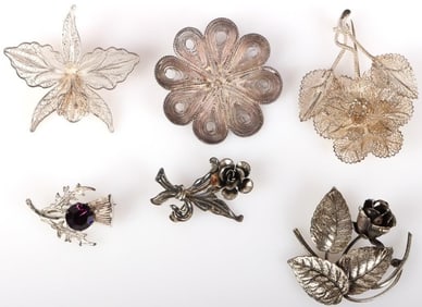 ANTIQUE STERLING SILVER FILIGREE FLORAL BROOCHES