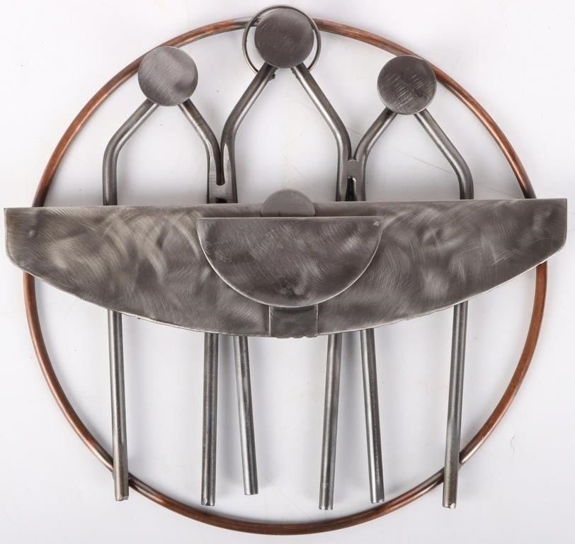 HAND-FORGED STEEL BRUTALIST WALL DECORATION: Hand-forged steel brutalist wall decoration. Features artist signed Brother Mel "Mel Meyer Sin". Size: 12" Diameter. Condition: See pictures.