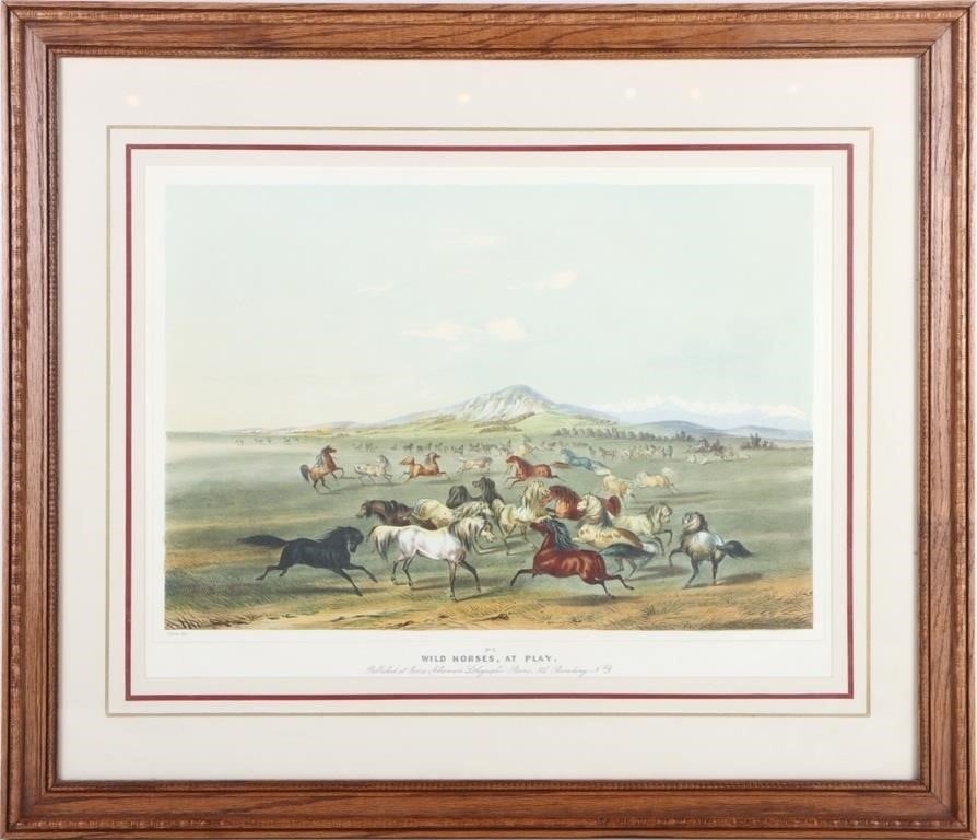 AFTER G. CATLIN 'WILD HORSES, AT PLAY' LITHOGRAPH: After George Catlin (1796-1872) "Wild Horses, At Play" lithograph plate No. 3 from the North American Indian Portfolio published by James Ackerman's Lithographic Room, 304 Broadway, NY framed.Size: 26