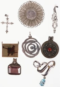 VINTAGE STERLING SILVER ORNATE PENDANTS (8)
