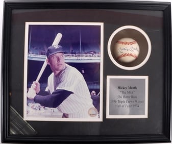 MICKEY MANTLE AUTOGRAPHED BASEBALL FRAMED