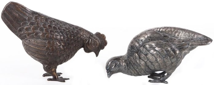 VINTAGE BRONZE ROOSTER & SILVER PLATED PARTRIDGE