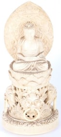 VINTAGE CARVED BUDDHA STATUE ATOP FOO DOG STATUE.