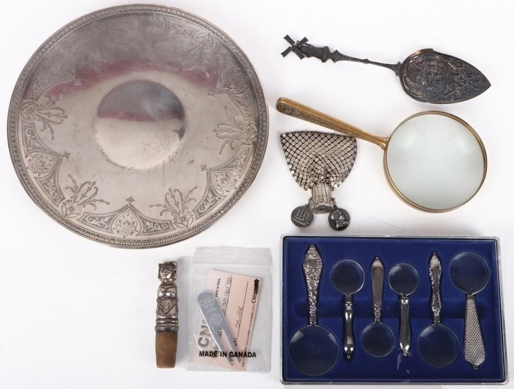 SILVER COLLECTION W/ MAG GLASS', PLATE, MORE: Silver Super Collection to include: Magnifying Glass set in box, Large Tiffany Studio Magnifying Glass, Meriden International Co. 780 Silver 10" Diameter, Silver Top Wine Cork, Pewter Decorative Servi