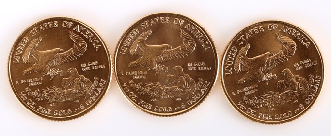 GOLD EAGLE COIN 1/10 OZ FINE GOLD 2013 & 2017 (3)
