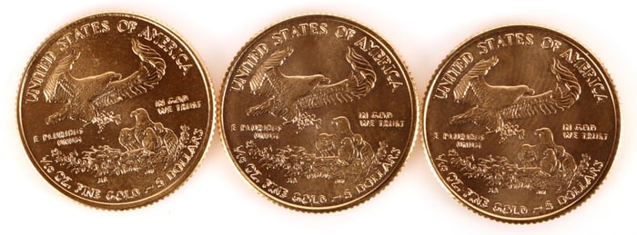 GOLD EAGLE COIN 1/10 OZ FINE GOLD 2013 & 2017 (3)