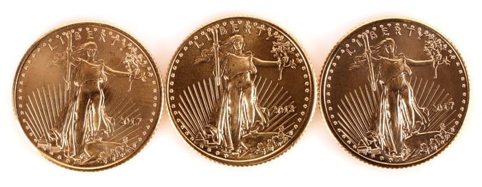 GOLD EAGLE COIN 1/10 OZ FINE GOLD 2013 & 2017 (3)