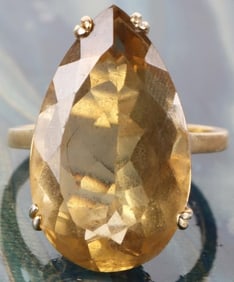 STERLING SILVER PEAR YELLOW TOPAZ ONYX LADIES RING