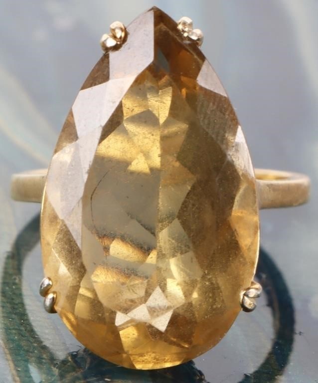 STERLING SILVER PEAR YELLOW TOPAZ ONYX LADIES RING (1 of 3)
