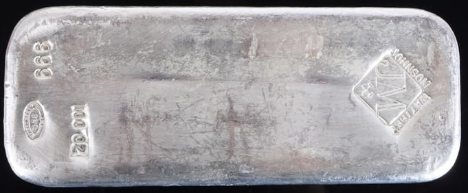 .9999 FINE SILVER 100OZ PURE BAR JOHNSON WATTHEY