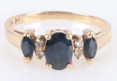 14K YELLOW GOLD BLUE SAPPHIRE DIAMOND RING