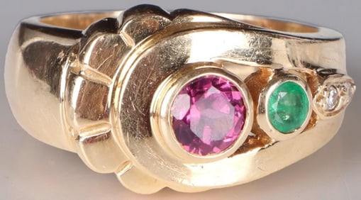 14K YELLOW GOLD AMETHYST EMERALD DIAMOND RING