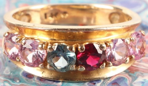 14K YELLOW GOLD SAPPHIRE RUBY TOPAZ LADIES RING