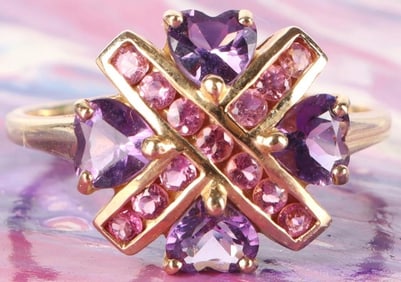 14K YELLOW GOLD PINK TANZANITE AMETHYST RING