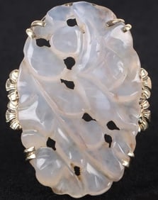 CARVED PURPLE JADE 14K YELLOW GOLD RING
