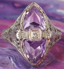 AMETHYST DIAMOND 14K WHITE GOLD ART DECO RING