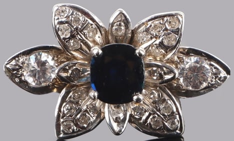 14K WHITE GOLD SAPPHIRE DIAMOND FLOWER LADIES RING