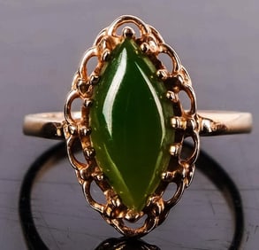 10K NEPHRITE JADE CABOCHON MAARQUISE LADIES RING