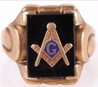10K YELLOW GOLD MEN'S ONYX MASONIC RING