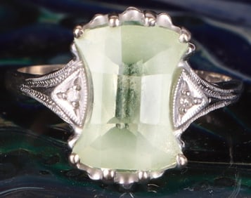 GREEN CITRINE DIAMOND 10K WHITE GOLD LADIES RING