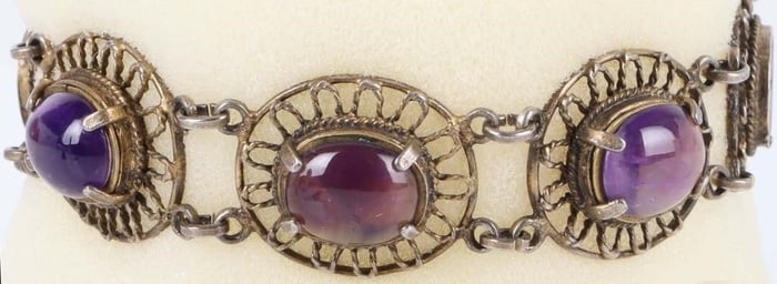 VINTAGE STERLING SILVER AMETHYST FILIGREE BRACELET