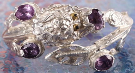 STERLING SILVER AMETHYST ORNATE DRAGON BRACELET