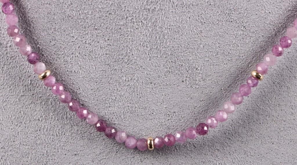 14K YELLOW GOLD RUBY CHIP LADIES NECKLACE: 14K yellow gold beaded and pink ruby chip ladies necklace.Stone Type: RubyWeight: 8.06 GramsSize: 18" LengthCondition: Very fine.