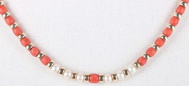 PEARL & CORAL 14K YELLOW GOLD BEADED NECKLACE