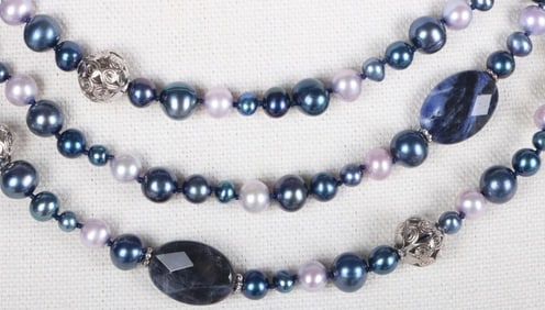 STERLING SILVER LADIES NECKLACE BLUE PEARLS
