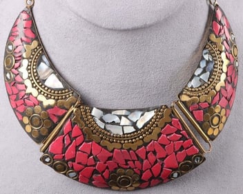 VINTAGE TIBETIAN BRASS CORAL & SHELL NECKLACE