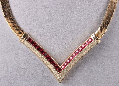 CHRISTIAN DIOR RED RHINESTONE 'V' NECKLACE