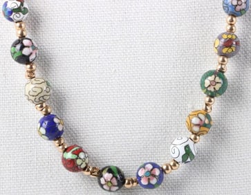 14K YELLOW GOLD CLOISSONE FLORAL BEADED NECKLACE