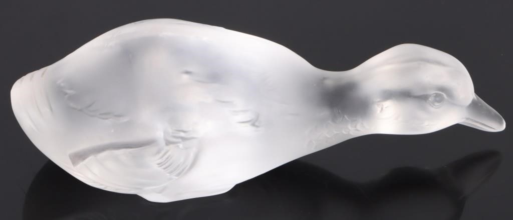 BACCARAT FRANCE CRYSTAL FROSTED SIGNED DUCK: Baccarat France crystal frosted signed duck. Size: 5.5" Length Condition: Very fine.