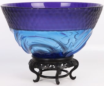 KAY AKIU MOSER BLUE GLASS HANDMADE BOWL W/ STAND
