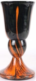 ART GLASS ORANGE & METALLIC GREEN SWIRL VASE