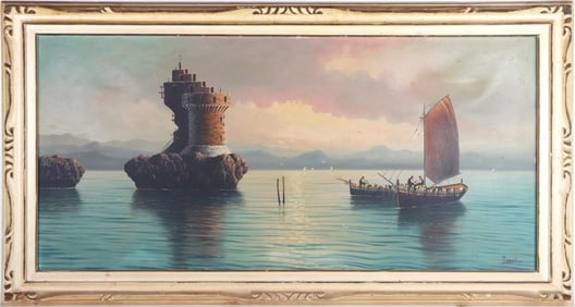 M. SANTINI OIL ON CANVAS OF A SHIP & OCEAN RUINS