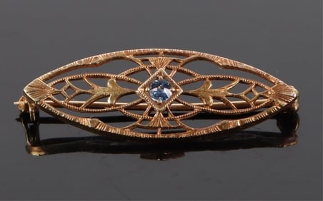ANTIQUE 14K YELLOW GOLD FILIGREE SAPPHIRE PIN