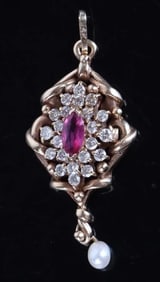 14K YELLOW GOLD DIAMOND RUBY PEARL PENDANT