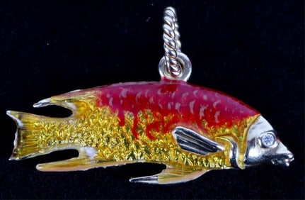 14K YELLOW GOLD DIAMOND ENAMEL FISH PENDANT