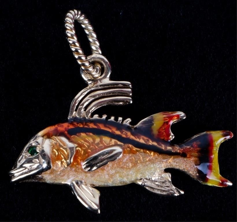 14K YELLOW GOLD EMERALD ENAMEL HOG SNAPPER PENDANT: 14K yellow gold diamond enamel hog snapper pendant. Gemstones to include one 0.01ct round cut emerald.Stone Type: EmeraldWeight: 4.48 GramsSize: 1.00"Condition: Little to no wear, see images for detai