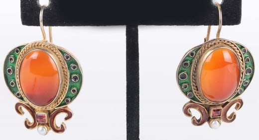 MEDICI CARNELIAN VERMEIL ENAMELED LADIES EARRINGS