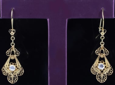 FILIGREE 18K YELLOW GOLD CZ LADIES EARRINGS