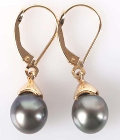 8.4-8.1MM BLACK PEARL 14K YELLOW GOLD EARRINGS
