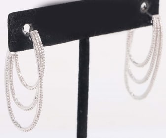 14K WHITE GOLD TRIPLE ELLIPSE LADIES HOOP EARRINGS