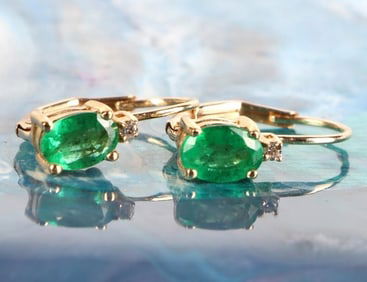 10K YELLOW GOLD LADIES EARRINGS W/ DIA. & EMERALDS