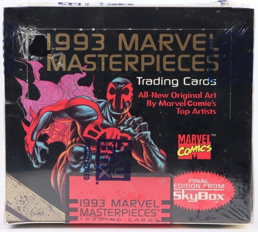 FACTORY SEALED MARVEL MASTERPIECES 1993 CARD BOX: Factory sealed SkyBox Marvel Masterpieces 1993 trading card box. Seal is slightly torn.Condition: See pictures. Seal is slightly torn. Non-sports cardsWeight: SkyBox